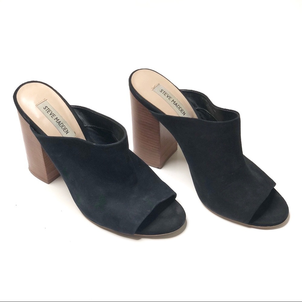 Steve Madden Skylar Mule Heels Black Suede Open Toe Block Heel Slide Size 9